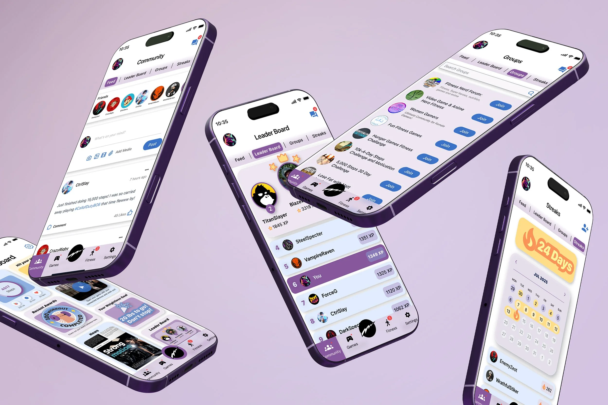 Multiple purple smartphones displaying social media app interfaces, showing community features, leaderboards, groups, and streaks on their screens, set against a purple background.