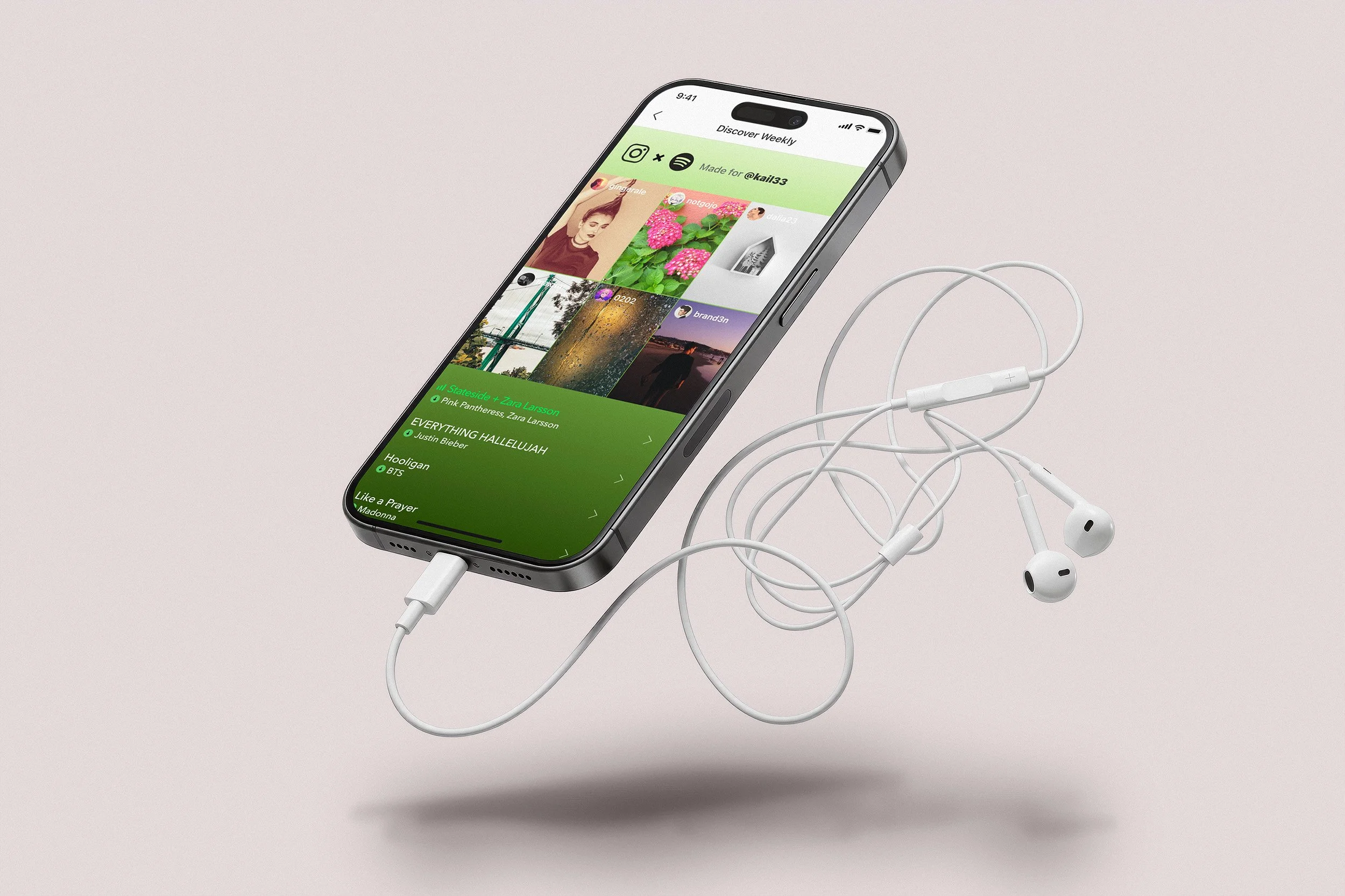 An iPhone connected to white earphones and charger, displaying a music and social media app on a light background.