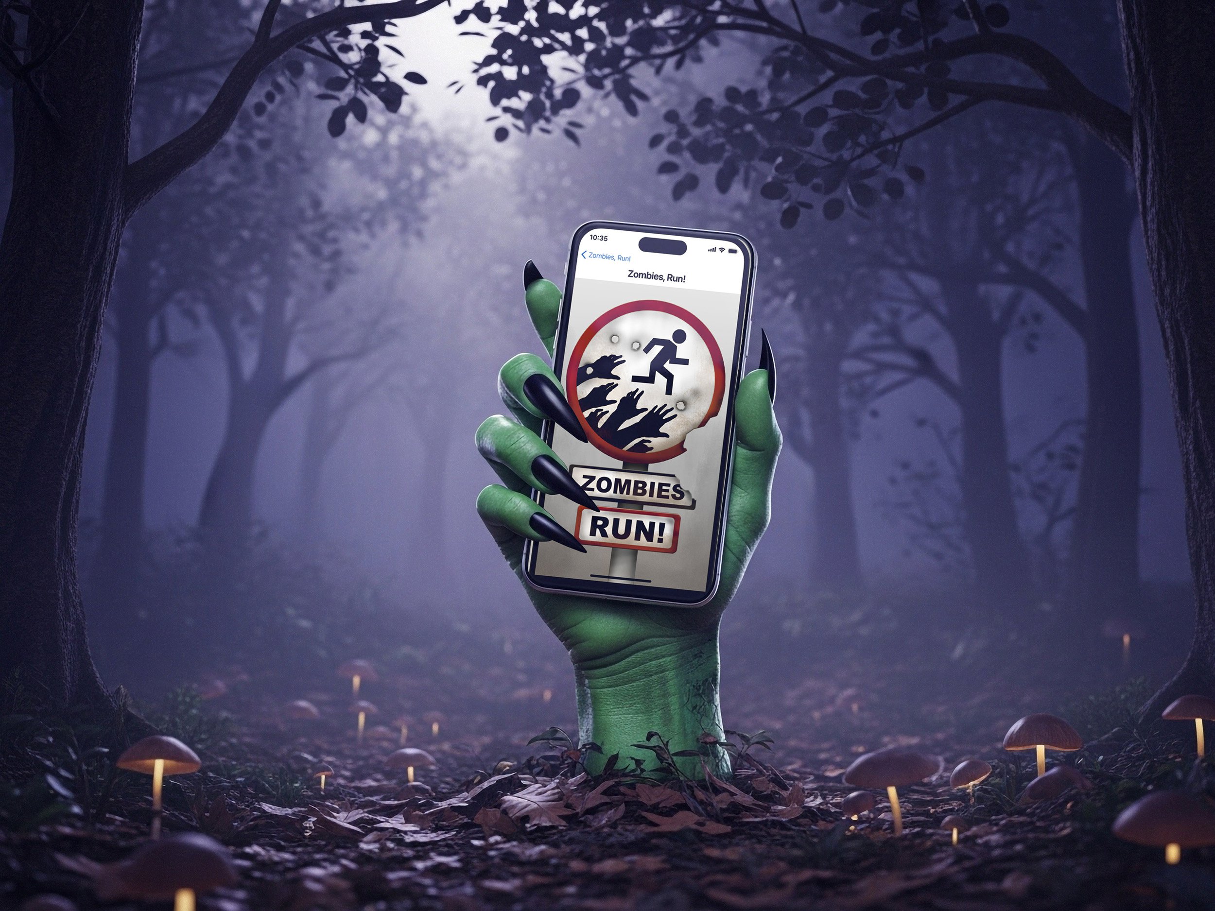 A fantasy scene in a dark, foggy forest with tall trees and mushrooms on the ground. A hand with green, reptilian-like skin is holding a smartphone displaying a game called 'Zombies, Run!' with a warning icon of zombies chasing a running person.