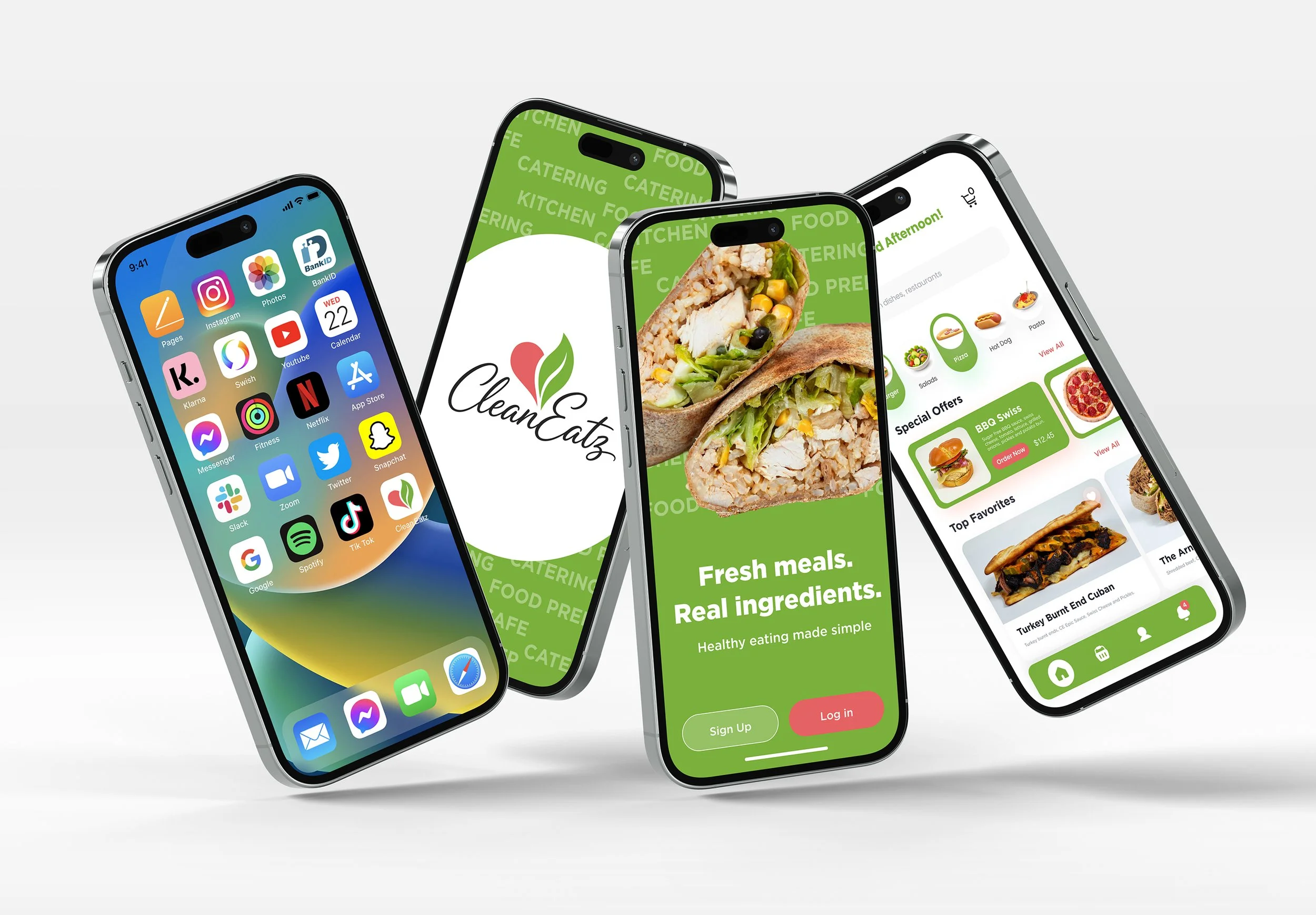 Multiple smartphones displaying one app in different uses, including food delivery service with images of wraps and menu options.