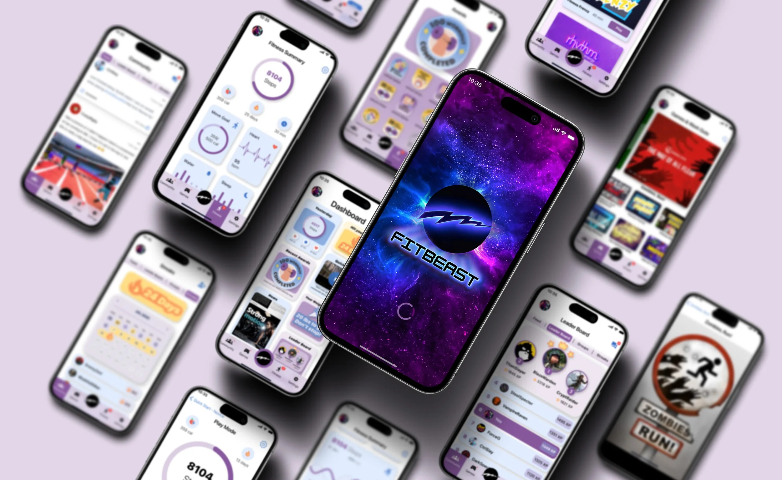 Multiple smartphones display fitness tracking and social media apps on a purple background, with the central phone showing a FitBeast app loading screen with a galaxy and lightning bolt logo.