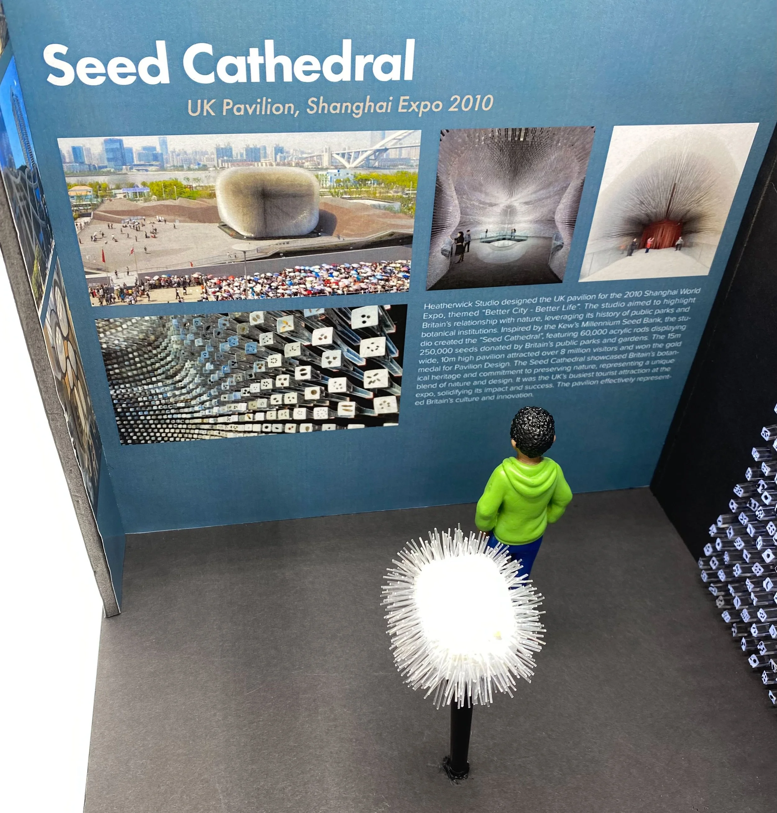 A miniature figure of a man in a green hoodie is standing in front of a display about the Seed Cathedral, which features a large, illuminated spherical object with spiky white rods, resembling a seed, at the China Pavilion of the Shanghai Expo 2010.
