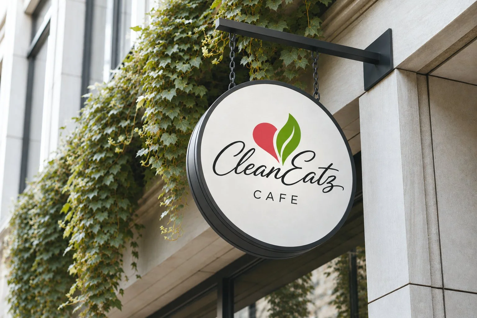 A hanging circular sign for CleanEatz Cafe, featuring a red heart with two green leaves and the café's name written in black cursive text, attached to a building with greenery and ivy in the background.