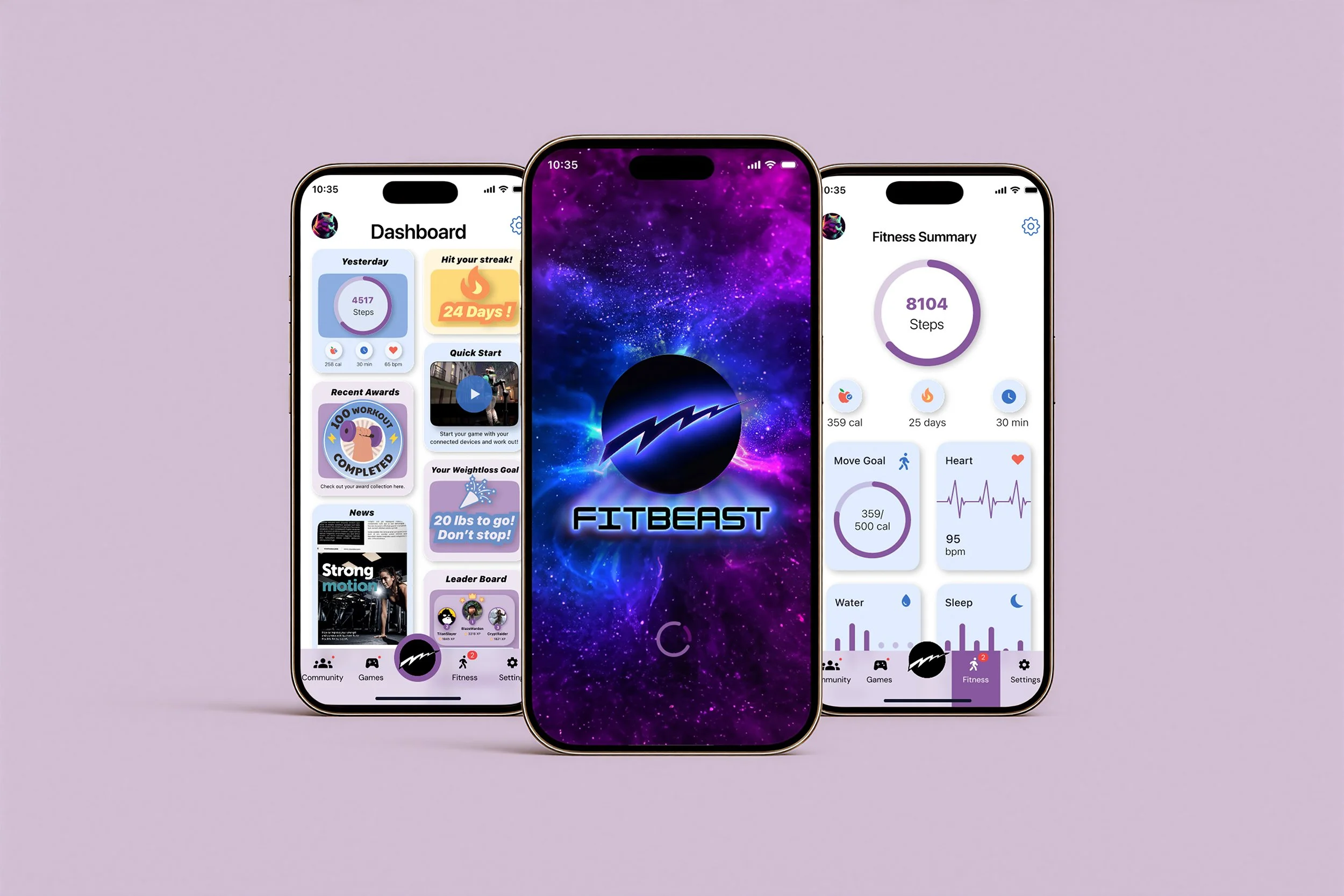 Three smartphones displaying fitness app interfaces against a light purple background. The left phone shows a dashboard with steps, calories, and workout achievements. The middle phone shows a galaxy-themed screensaver with a lightning bolt symbol. The right phone displays a fitness summary with steps, calories burned, heart rate, water intake, and sleep data.
