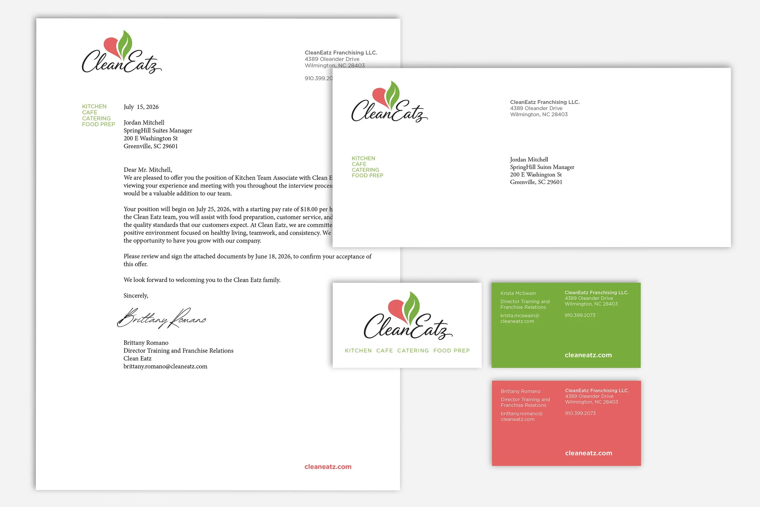 Collection of business documents, including a letter and business cards from CleanEatz, featuring the company logo with a stylized strawberry and green leaves, and contact information in red, green, and black text.