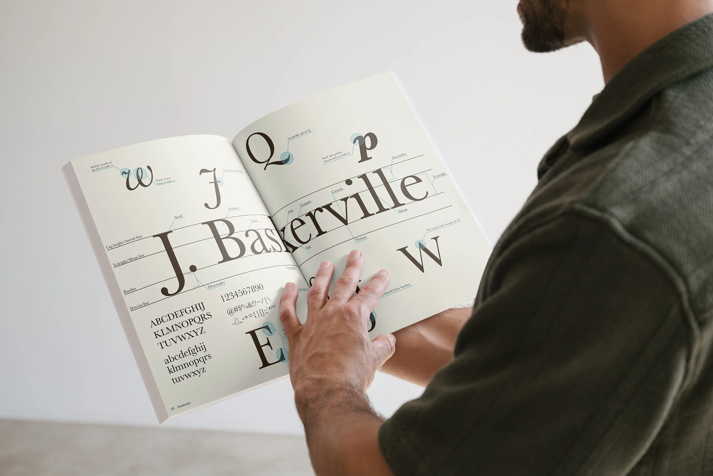 Person holding an open book with typography diagrams and labels on the pages showcasing the anatomy of the typeface, Baskerville. The middle words read "J. Baskerville" while floating letters are above and below it.