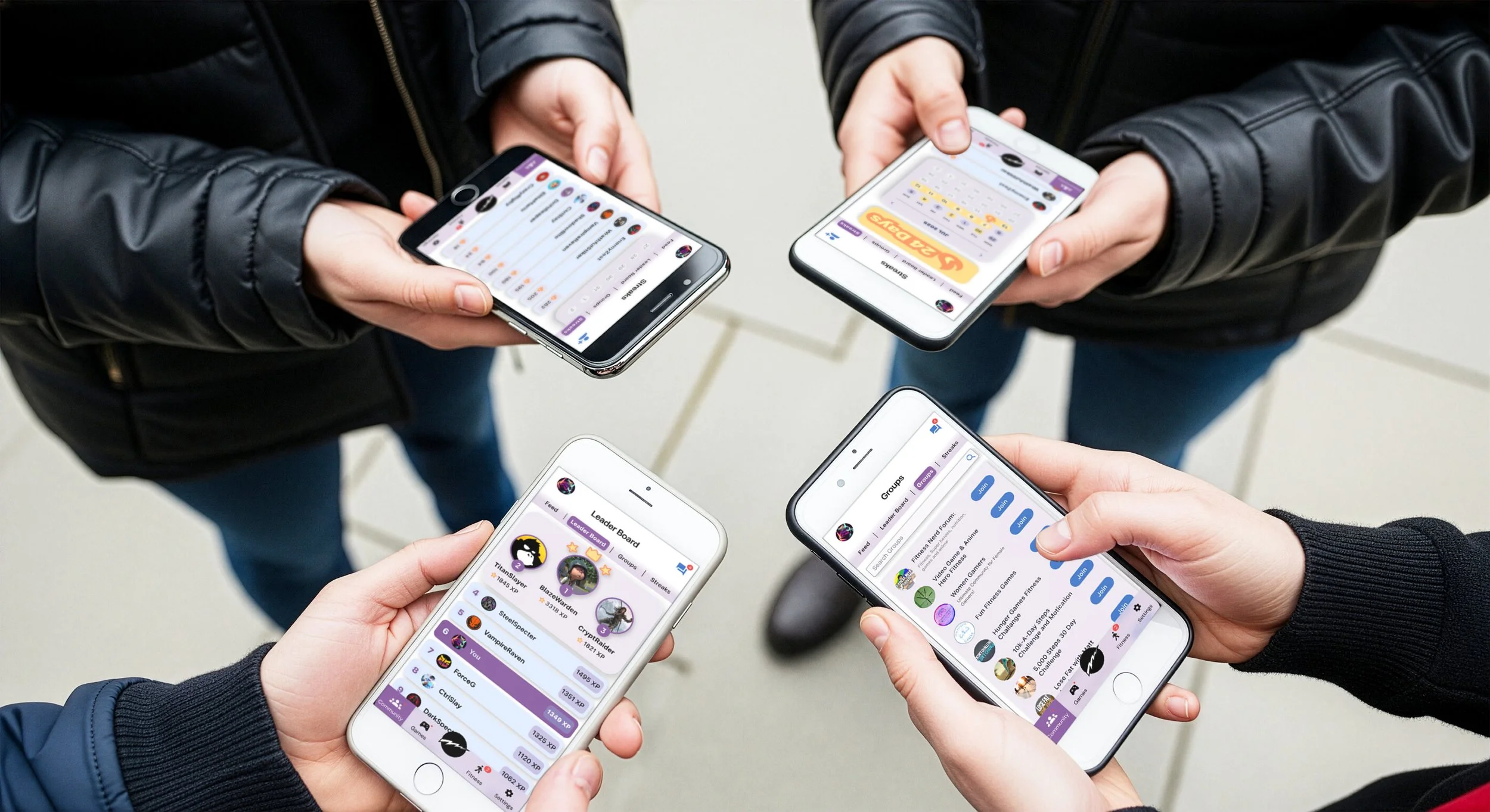 Four people are holding smartphones showing each other their screens, with a focus on their screens displaying profiles, chat groups, and leaderboards.