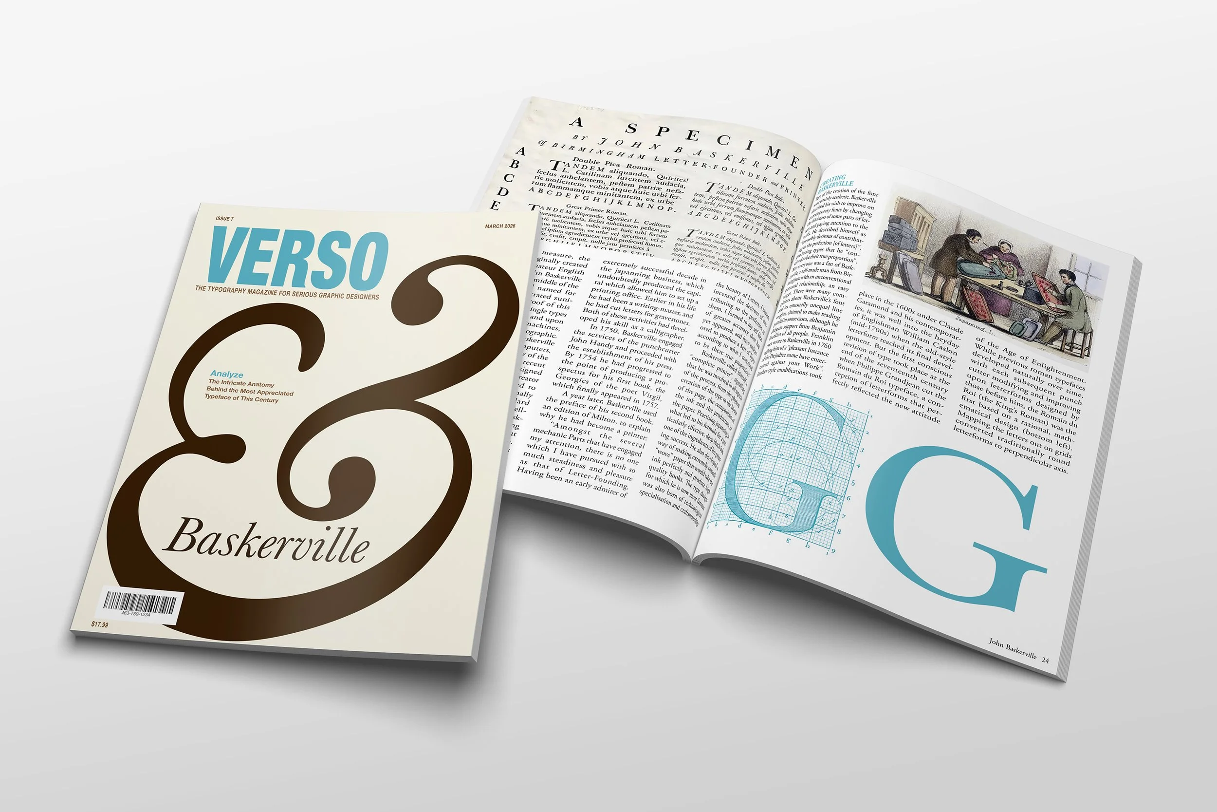 A magazine titled 'VERSO' featuring typography design on the cover, with open pages displaying text, graphics, and illustrations related to historical typography and design with its subject being the typeface,  Baskerville.