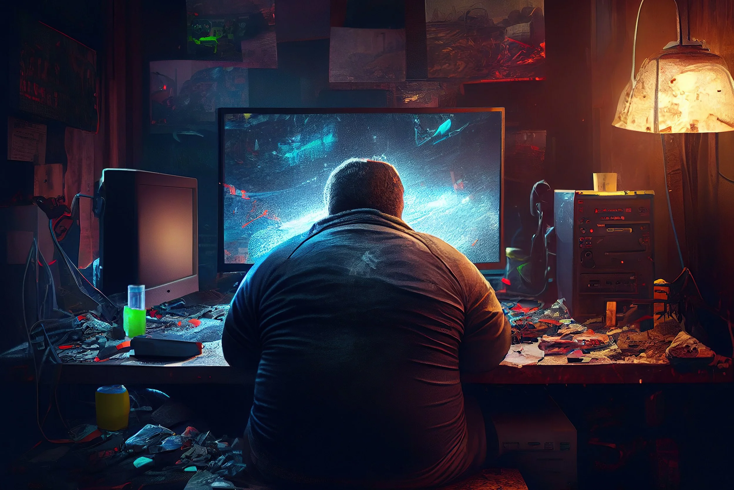 An overweight person sitting at a cluttered desk in a dark room, watching a futuristic video on a computer monitor, with a lamp providing warm light, and various electronic equipment and papers scattered around.