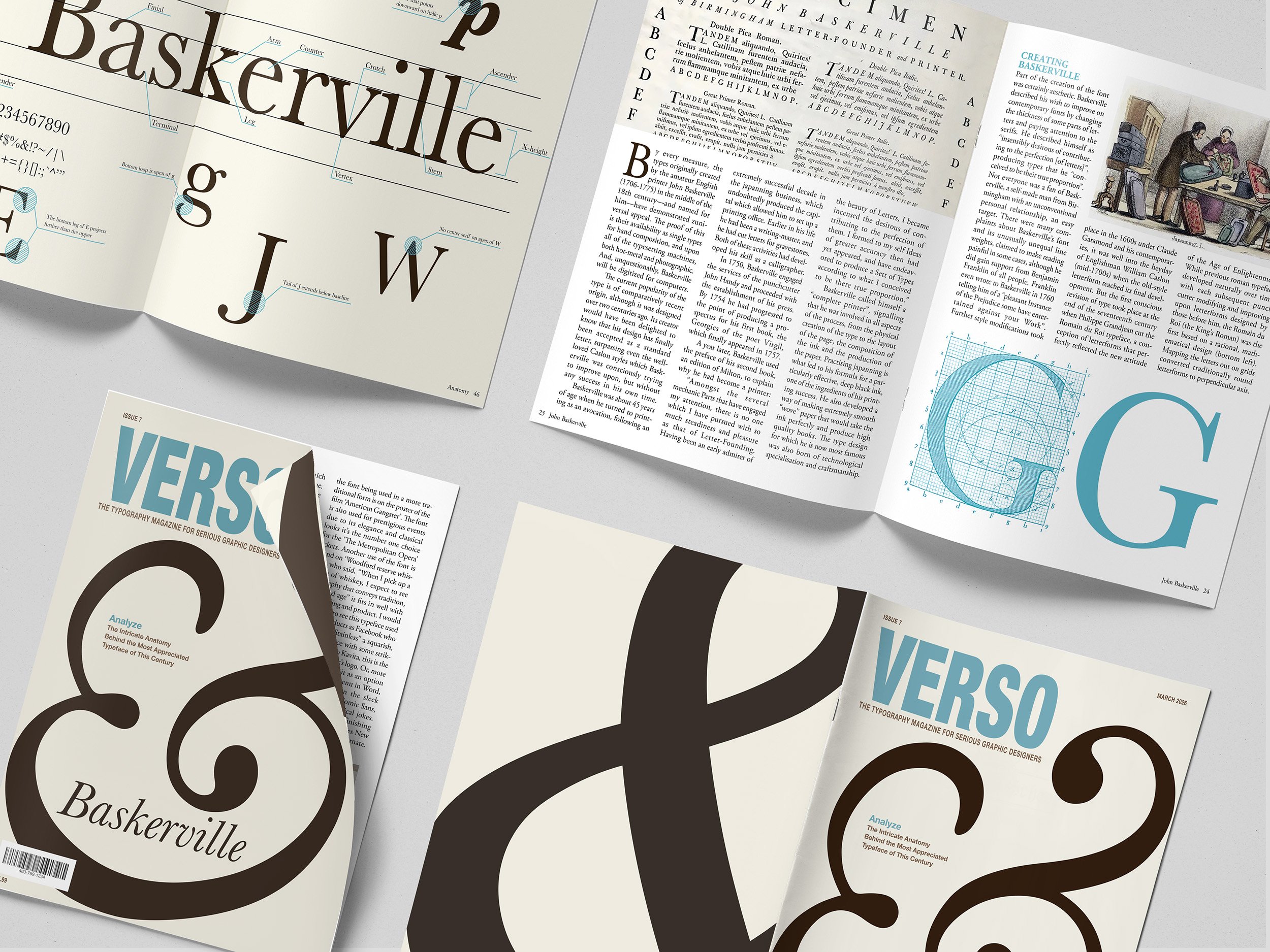 A collage of multiple magazine pages featuring typography, lettering, and graphic design articles, including images, charts, and large text headlines, with a focus on Baskerville font.
