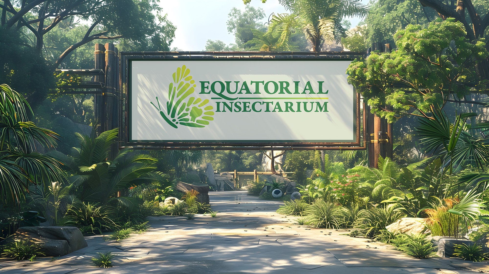 Sign for the Equatorial Insectarium surrounded by lush tropical greenery and trees.