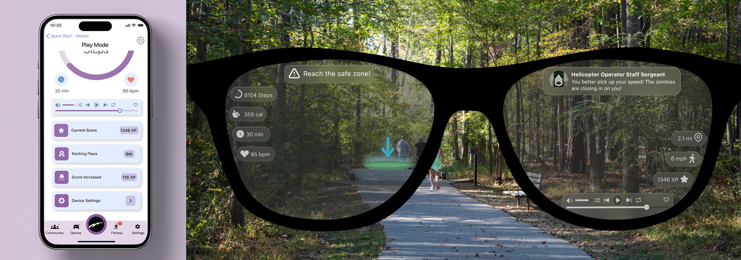 Close-up of black sunglasses revealing an augmented reality view of a walking trail in a forest with digital overlay information. The AR display shows a message to reach the safe zone, steps taken, calories burned, distance, speed, and current score. A simulator app interface on a smartphone beside the sunglasses displays workout stats, current score, ranking, and device settings.