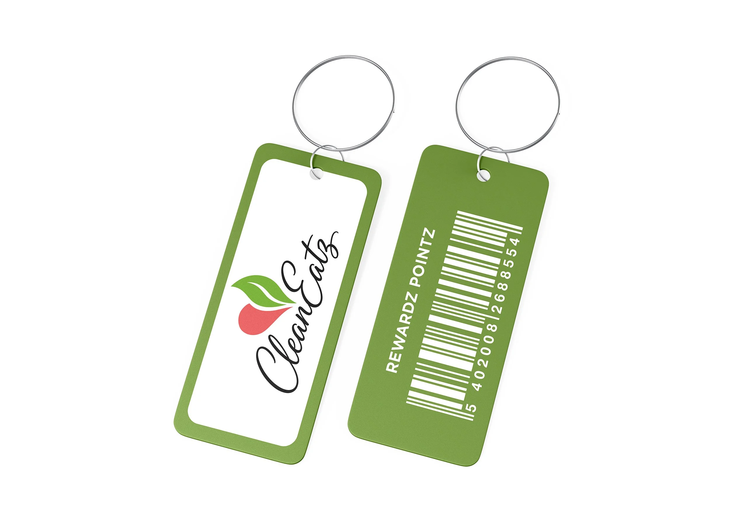 Two green loyalty or membership cards with silver rings at the top, one showing a barcode and the other displaying a logo and text, partially overlapping on a white background.