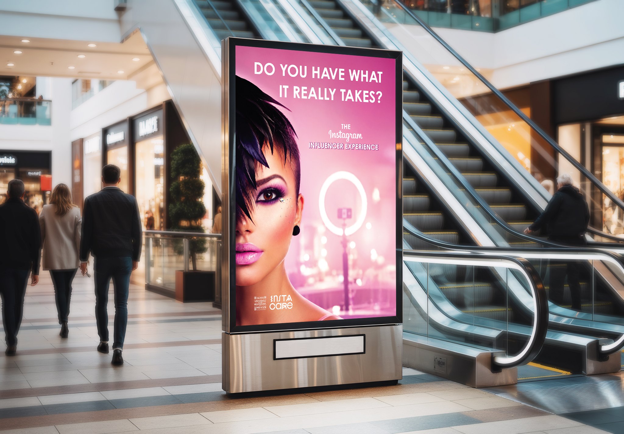 Digital advertisement billboard in a shopping mall showing a close-up of a woman's face with bold makeup and short, styled hair, along with text about an influencer experience event, titled "Do you have what it takes?".