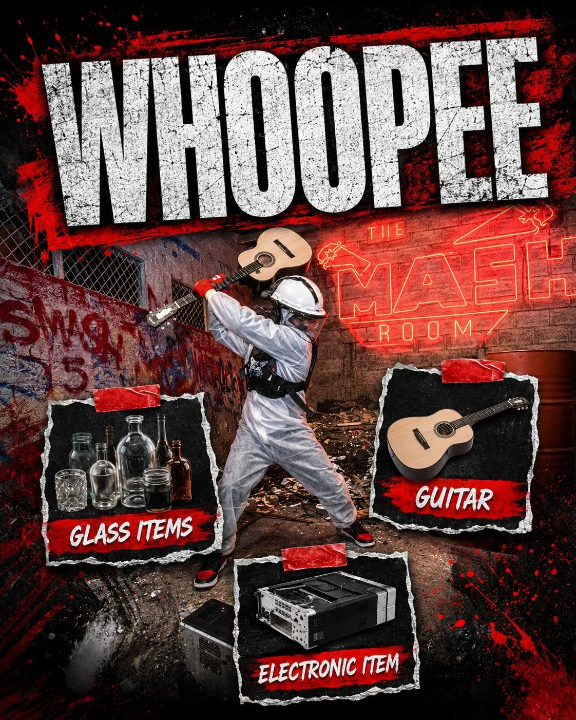 A person in a white protective suit, helmet, and safety goggles is smashing glass bottles with a baseball bat in an urban alley with graffiti. The background has neon signs reading 'Whoopee,' 'The Mash Room,' and 'Guitar.' Items labeled 'Glass Items,' 'Electronic Item,' and 'Guitar' are displayed in torn paper frames around the person.