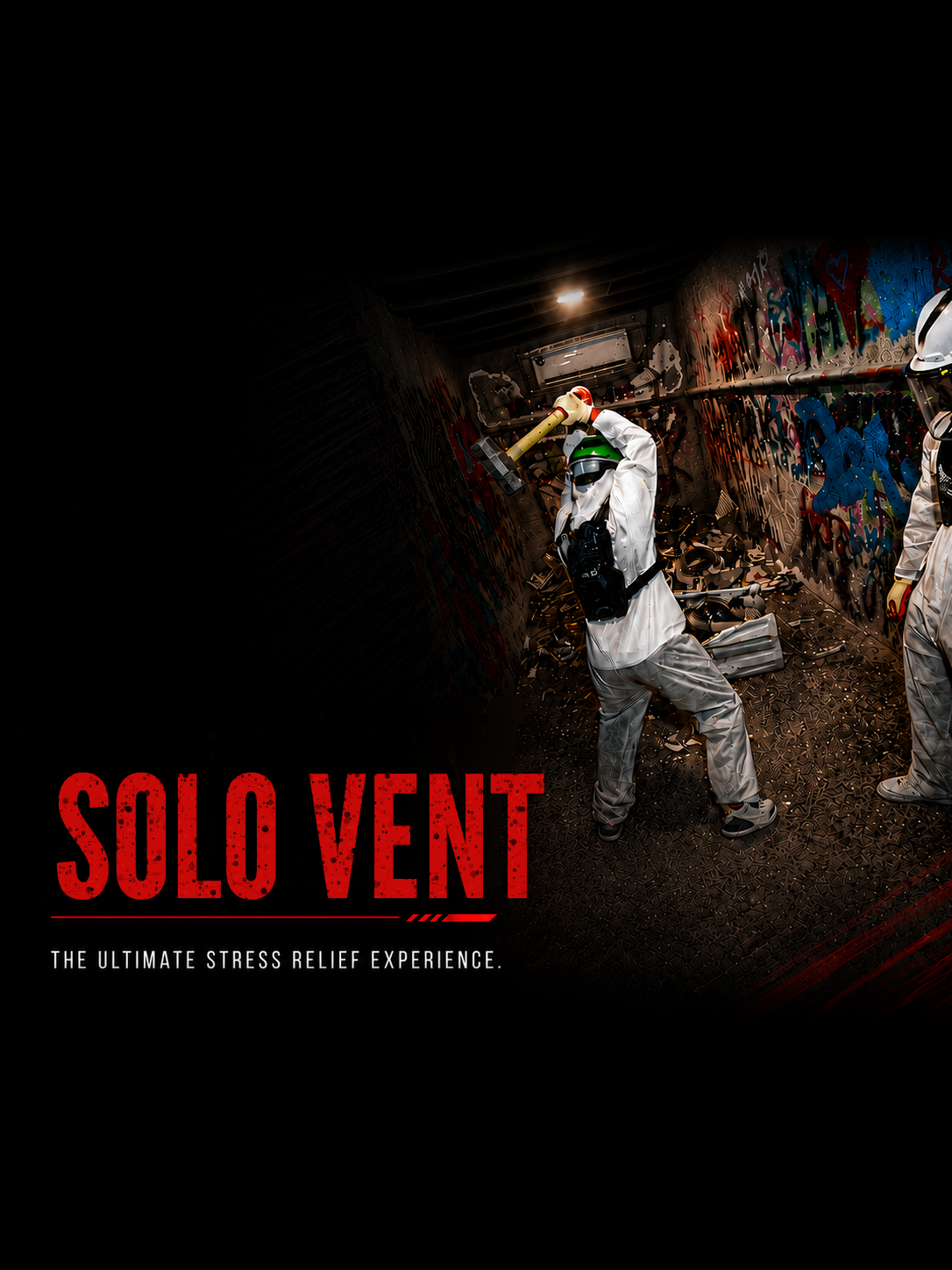 Solo Vent package at The Smash Room Dubai: one person smashing a CPU, a printer and 10 glass items