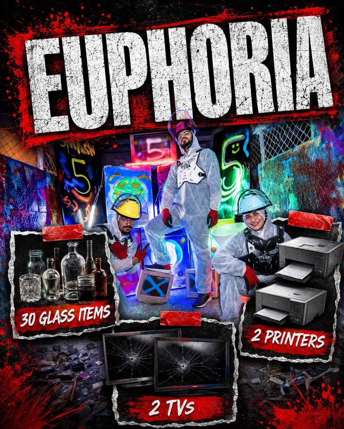 A neon-lit escape room with three people dressed in hazmat suits wearing helmets. The room features bright graffiti-style neon signs, shattered TVs, and various glass items, with text indicating the room includes 30 glass items, 2 printers, and 2 TVs.
