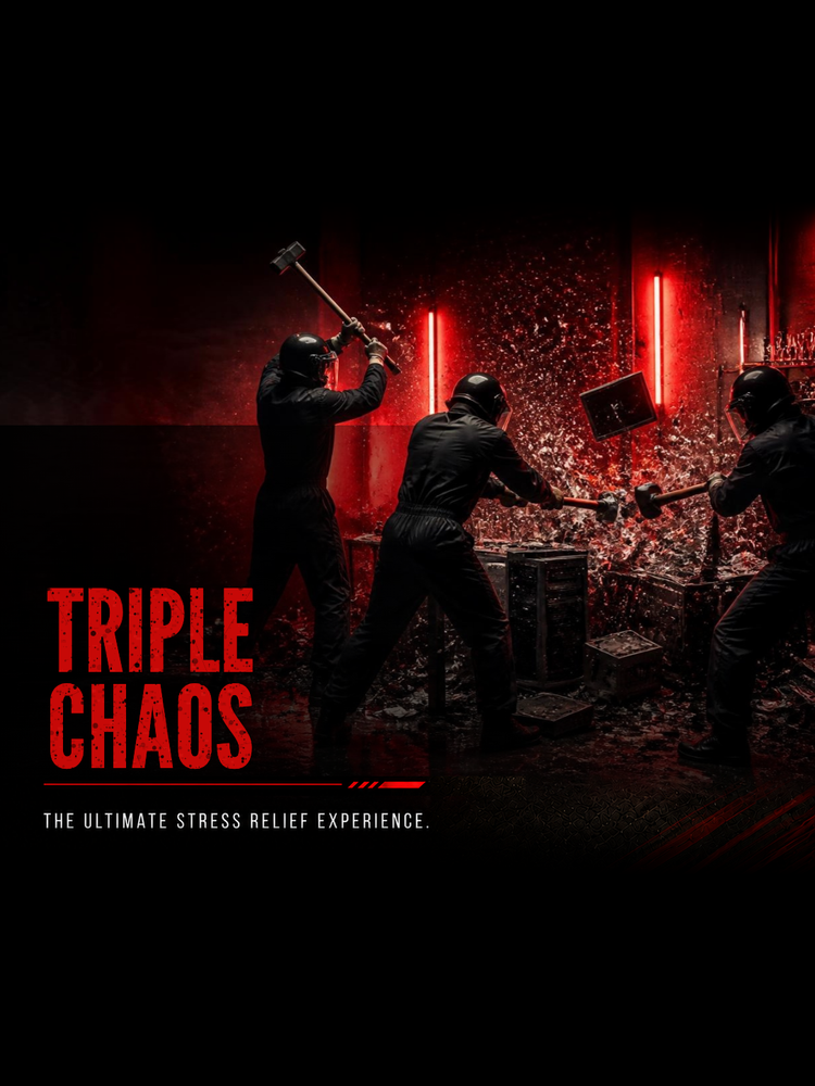Triple Chaos package for 3 people at The Smash Room Dubai: 2 CPUs, 2 printers, 1 monitor and 50 glass items