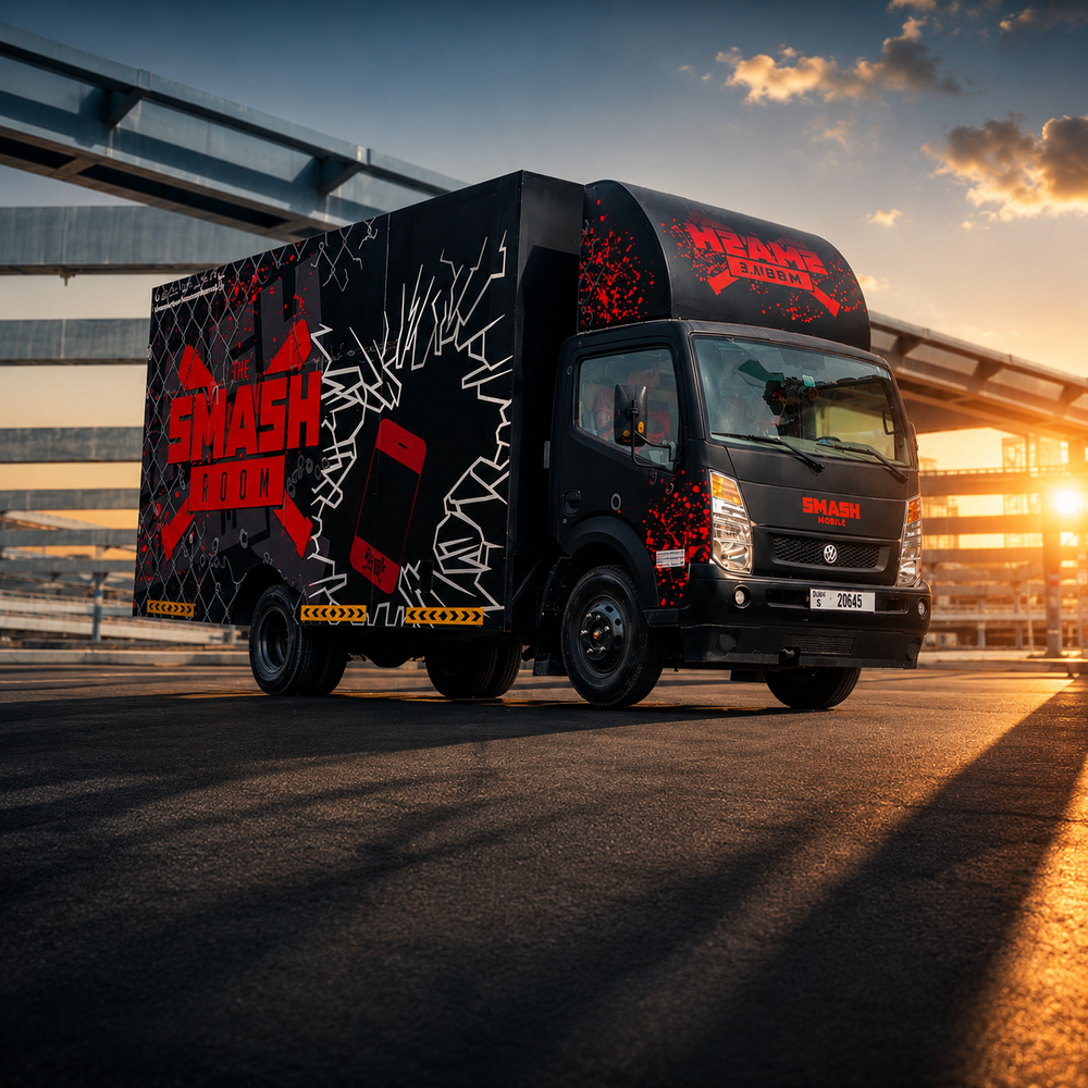 The Smash Mobile truck, a mobile rage room by The Smash Room Dubai