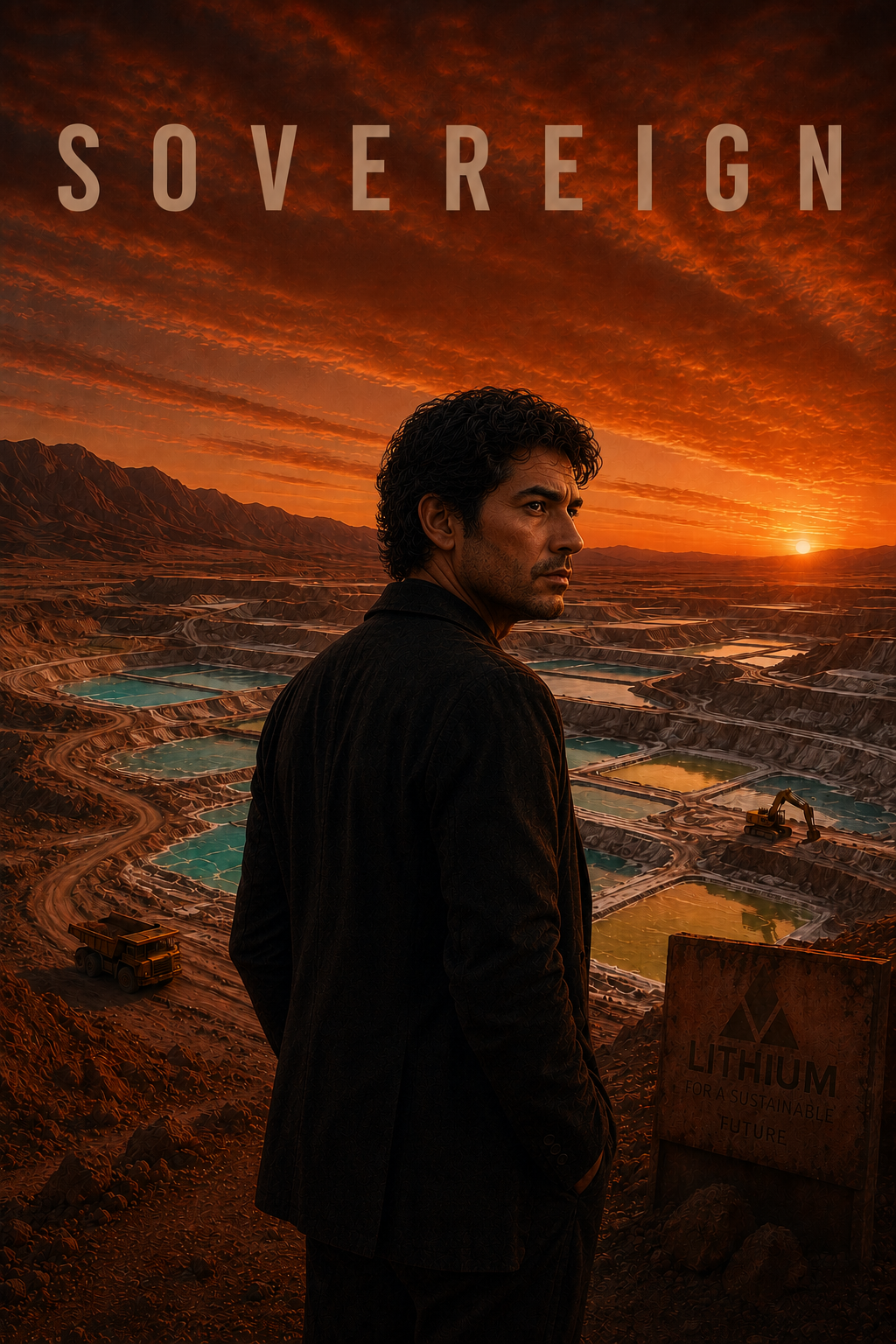 A man stands in front of a large open-pit lithium mine with colorful salt flats and a dramatic orange sky at sunset. The image features the word 'SOVEREIGN' at the top.