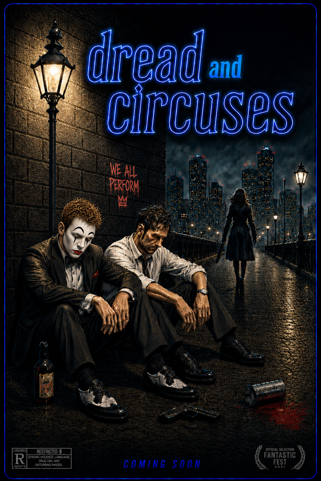 Dark urban scene with two men sitting on the ground, one wearing a clown mask, the other with a serious expression, surrounded by liquor bottles, a gun, and a spilled drink. A woman with a weapon walks away on a wet bridge with a city skyline in the background. Neon text reads 'dread and circuses' and 'coming soon'.