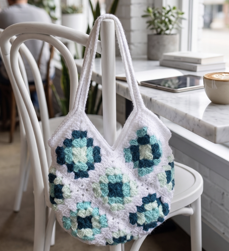 Teals & White Granny Square Bag