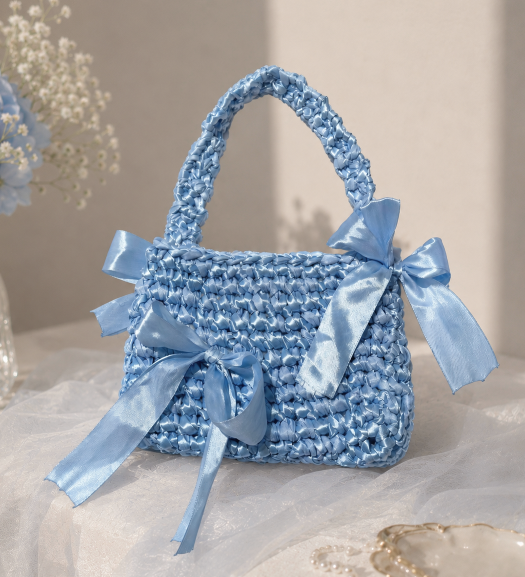 Light blue crocheted handbag with satin ribbons tied in bows on the sides, resting on a white surface with a blurred background.