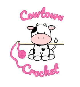 Cute cartoon cow holding a crochet needle with a pink yarn ball, with the words 'Cowtown Crochet' in pink above and below.