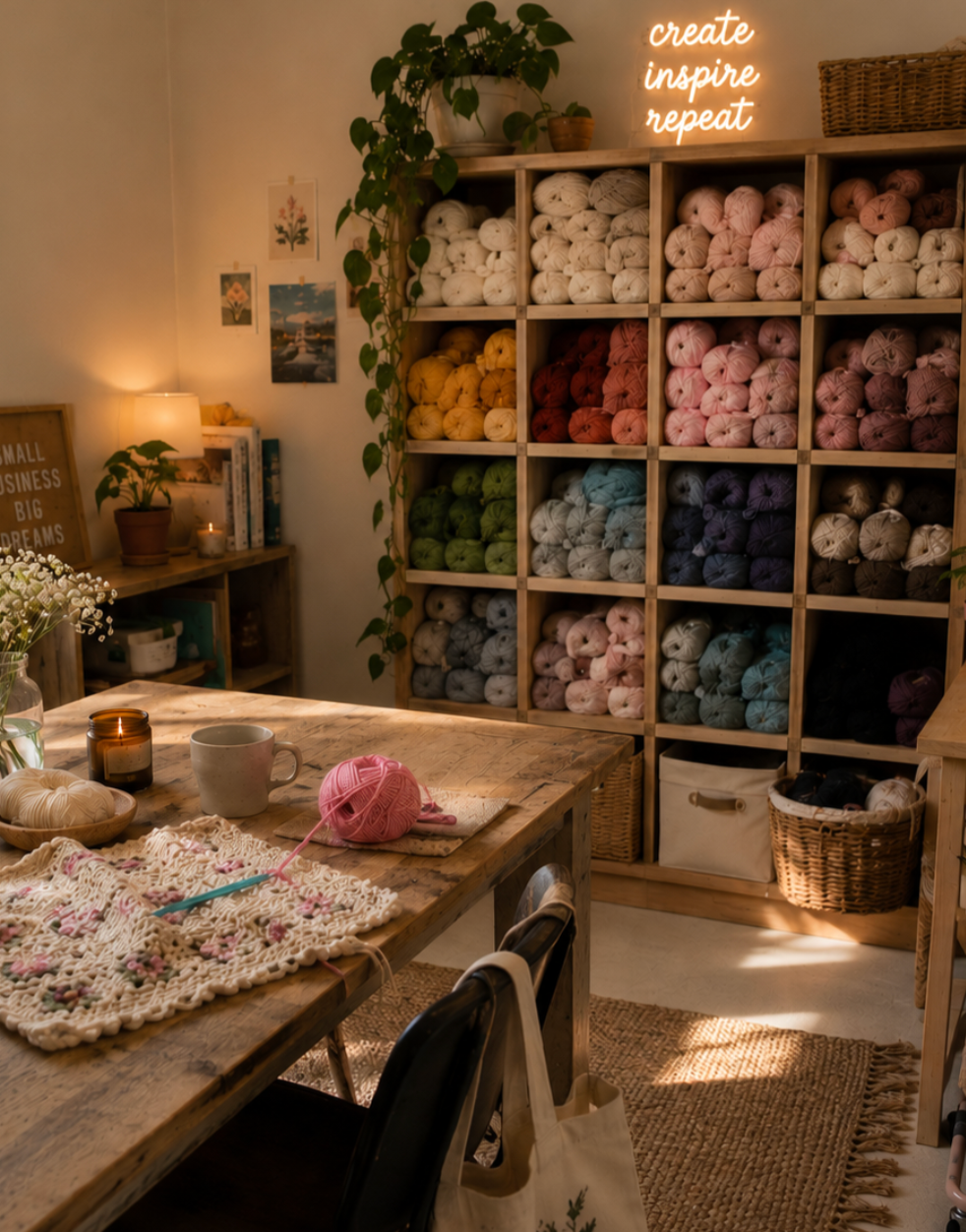 A cozy room with a wooden table, yarn balls in various colors on a wall shelf, a lit candle, a mug, and a crocheted piece on the table. There are plants and artwork on the walls, and a neon sign that says 'create inspire repeat'.