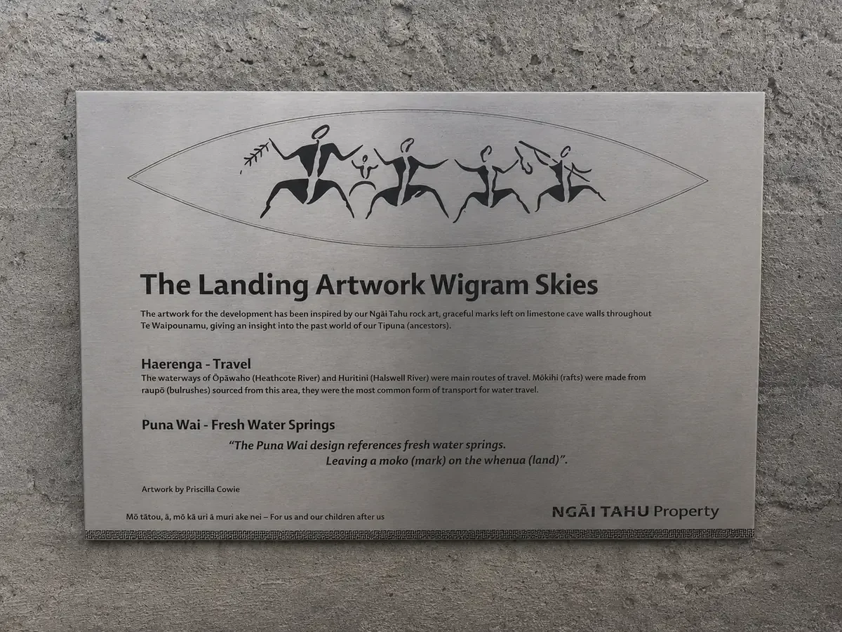 The Landing Wigram Skies plaque explaining Ngāi Tahu-inspired artwork, travel routes and freshwater springs in Christchurch.