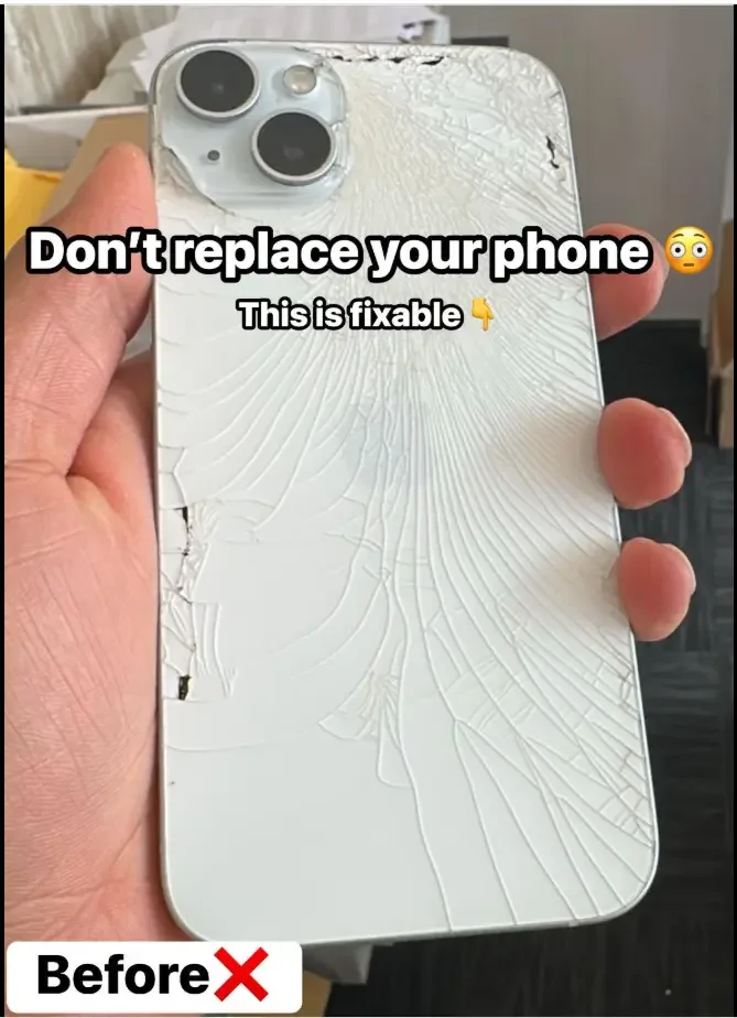 Badly cracked iPhone back glass before repair at Wigram Tech in Christchurch