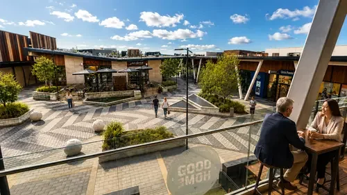Upper-level view of The Landing shopping and dining precinct in Wigram, Christchurch