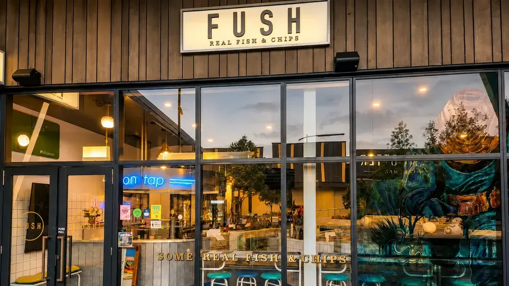 FUSH fish and chips restaurant storefront at The Landing Wigram in Christchurch