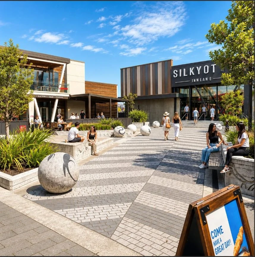 Visitors enjoying the landscaped courtyard outside Silky Otter at The Landing Wigram in Christchurch.