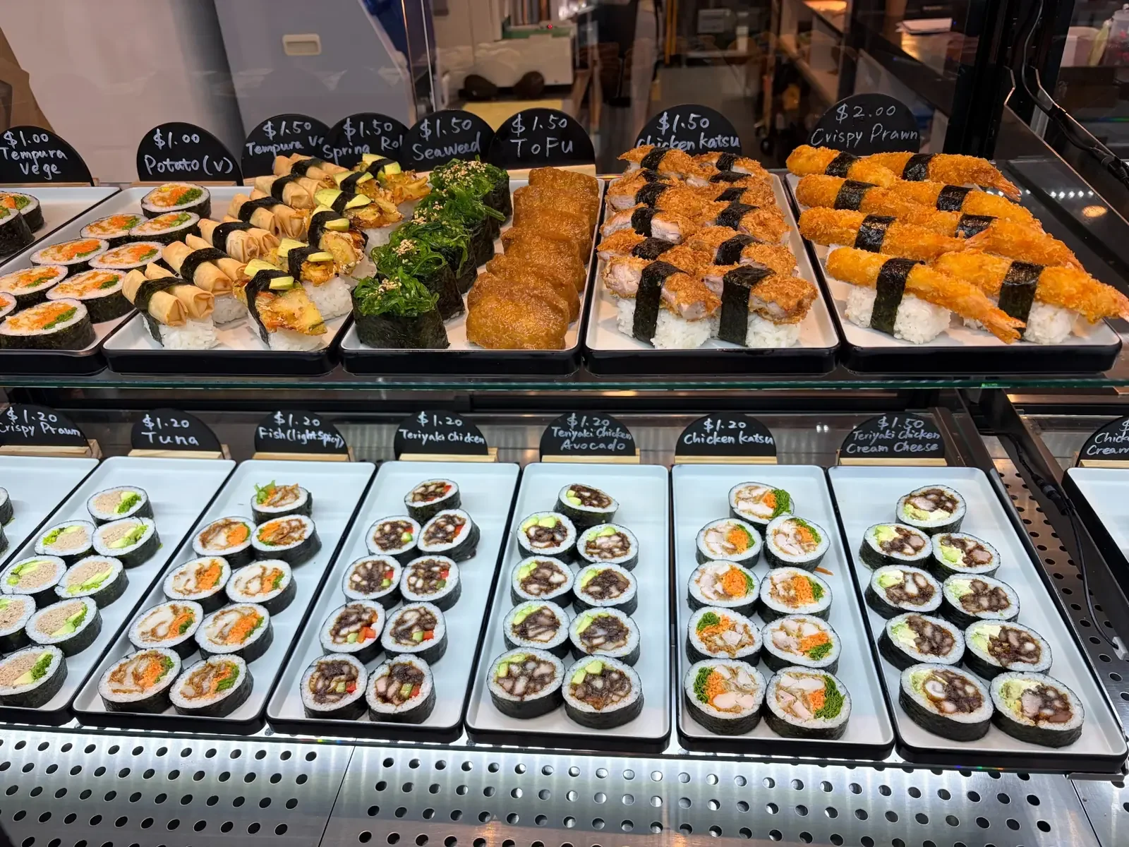 Fresh sushi rolls, chicken katsu sushi and crispy prawn sushi at One Sushi Wigram