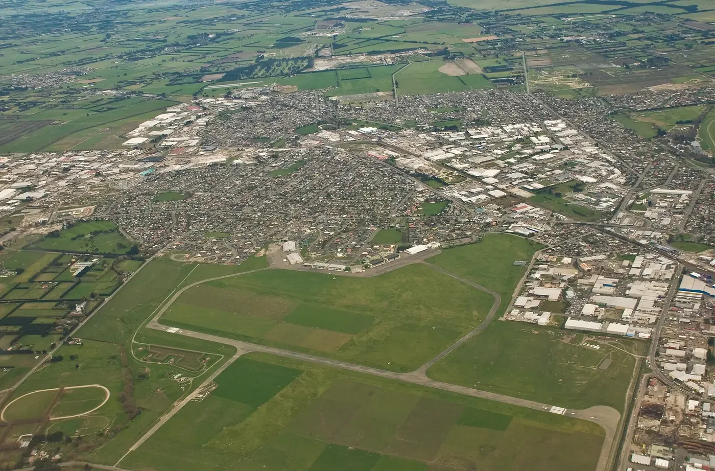 Aerial view of Wigram Aerodrome in Christchurch in 2008 shortly before the historic airfield closed.