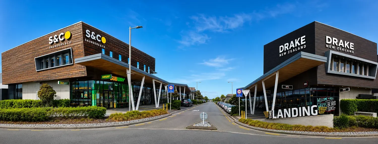 Customer parking and businesses at The Landing Wigram in Christchurch