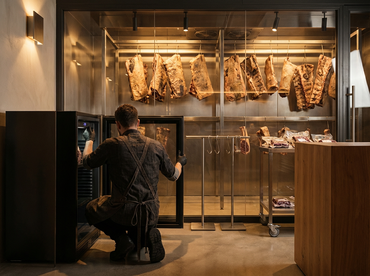 Butcher examining meat in a refrigerated meat storage room.