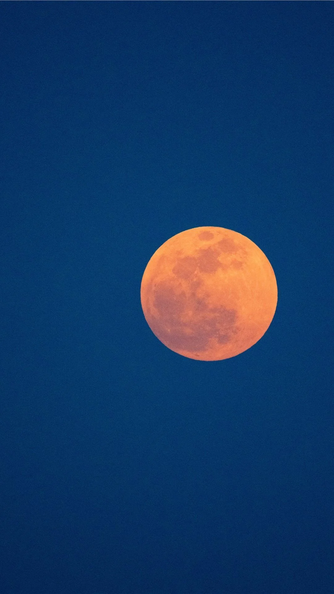 A full moon with an orange hue against a clear blue sky.