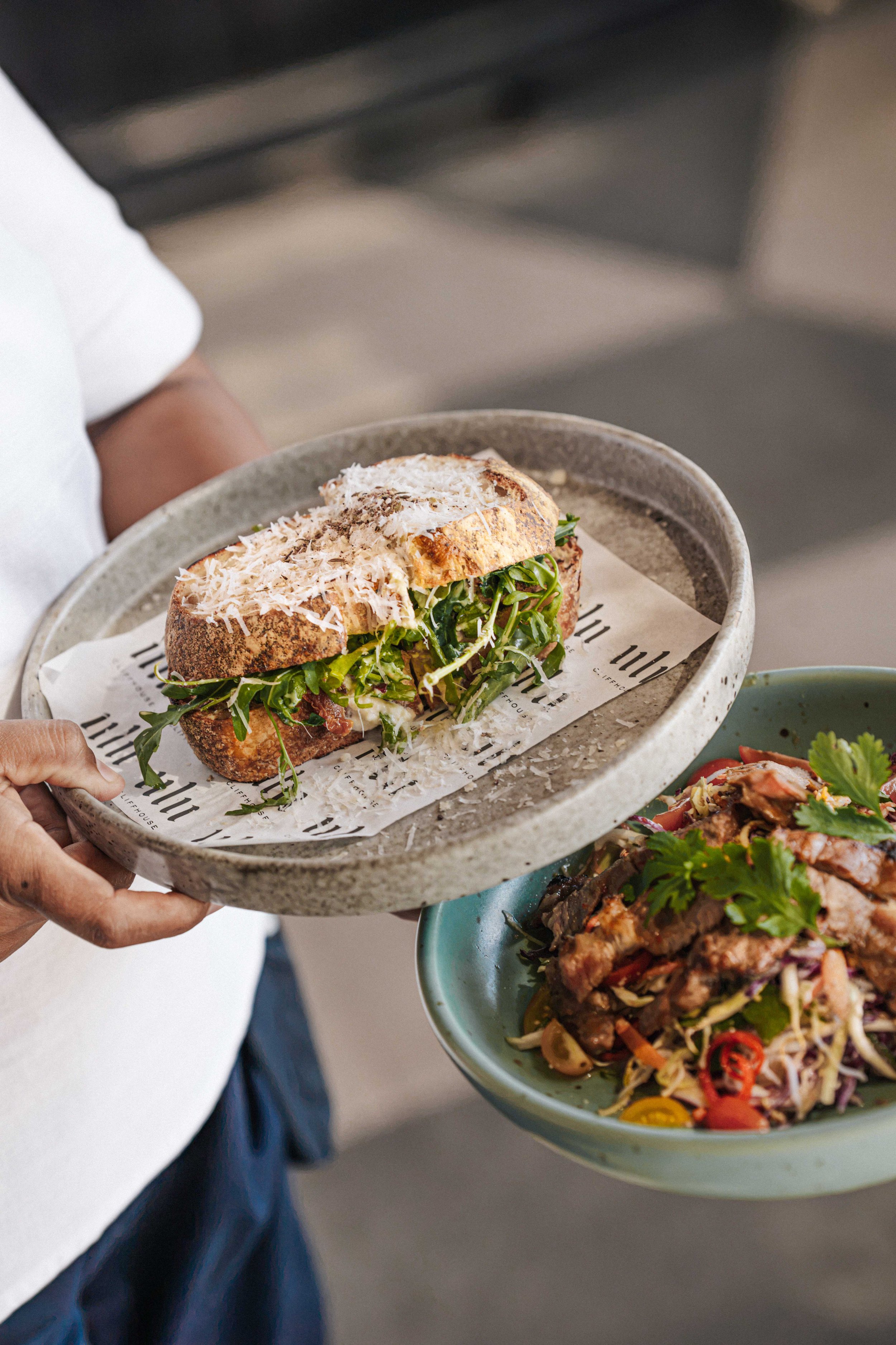 Person holding a ceramic plate with a sandwich containing greens, cheese, and shredded toppings, and a bowl of colorful salad with vegetables and herbs nearby.