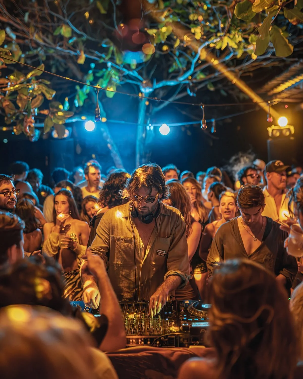 A DJ performing at a night party with a crowd dancing under string lights and illuminated trees.