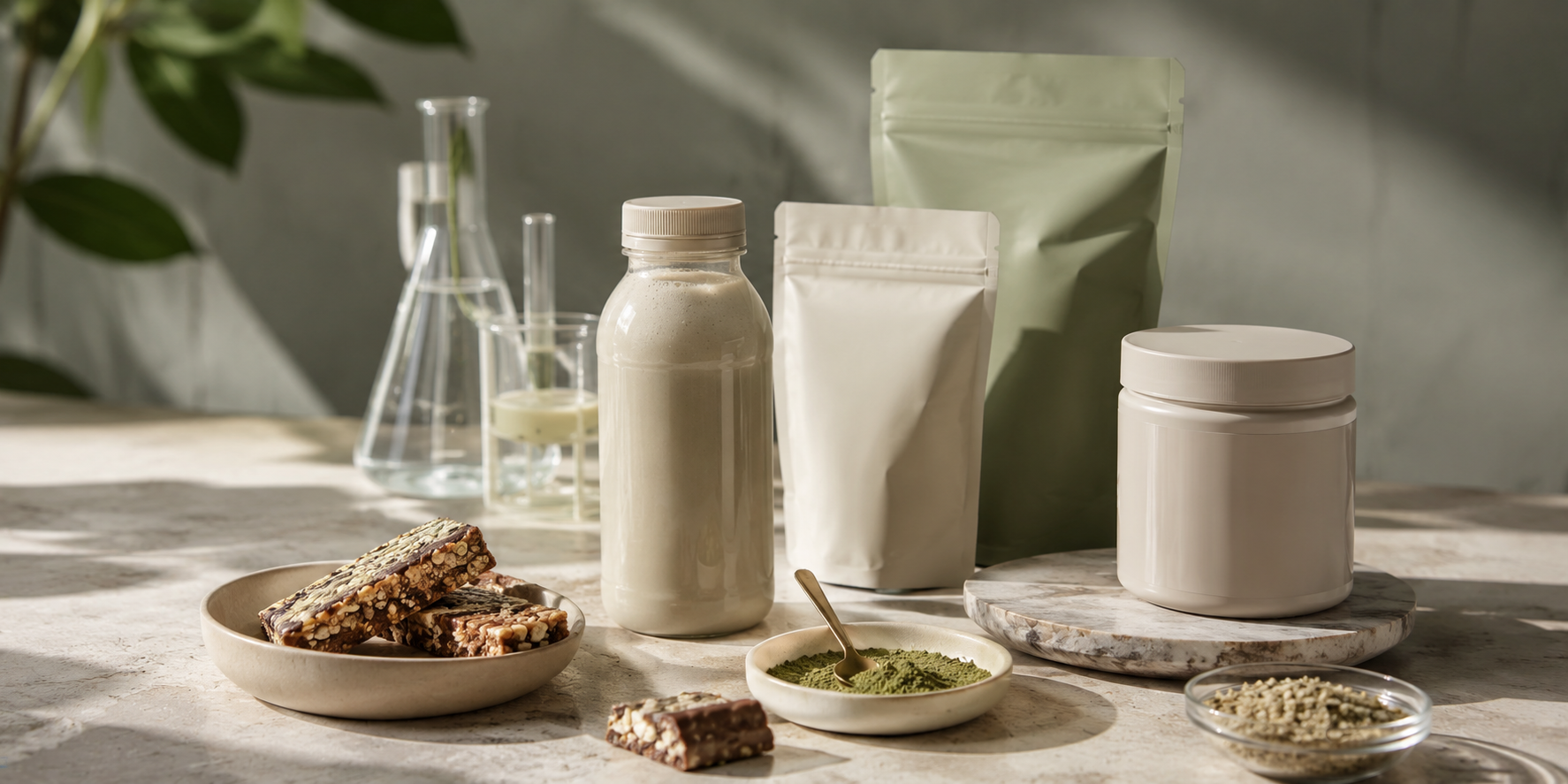 Natural health supplement products on a marble countertop, including powdered greens, bars, and glassware in a minimalistic setting.