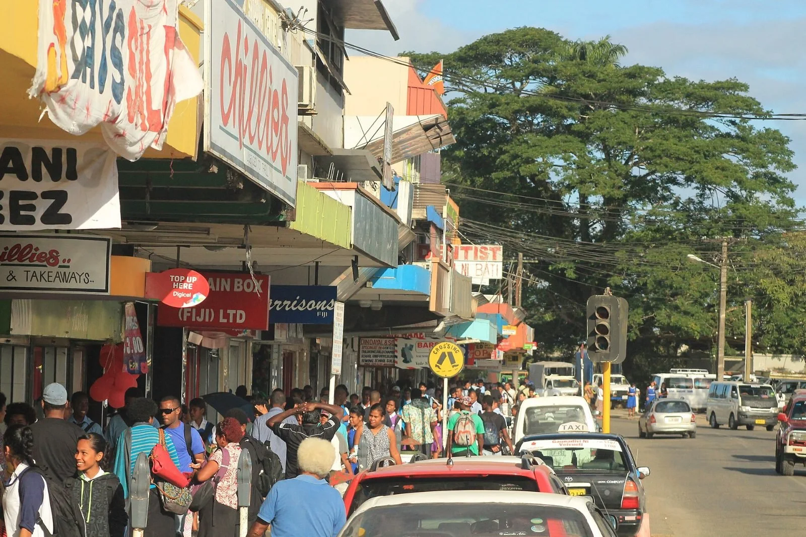 Busy shopping street in Nausori town, Fiji