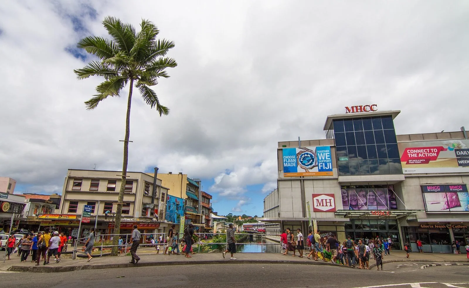 Shoppers on a street in Suva city centre, Fiji