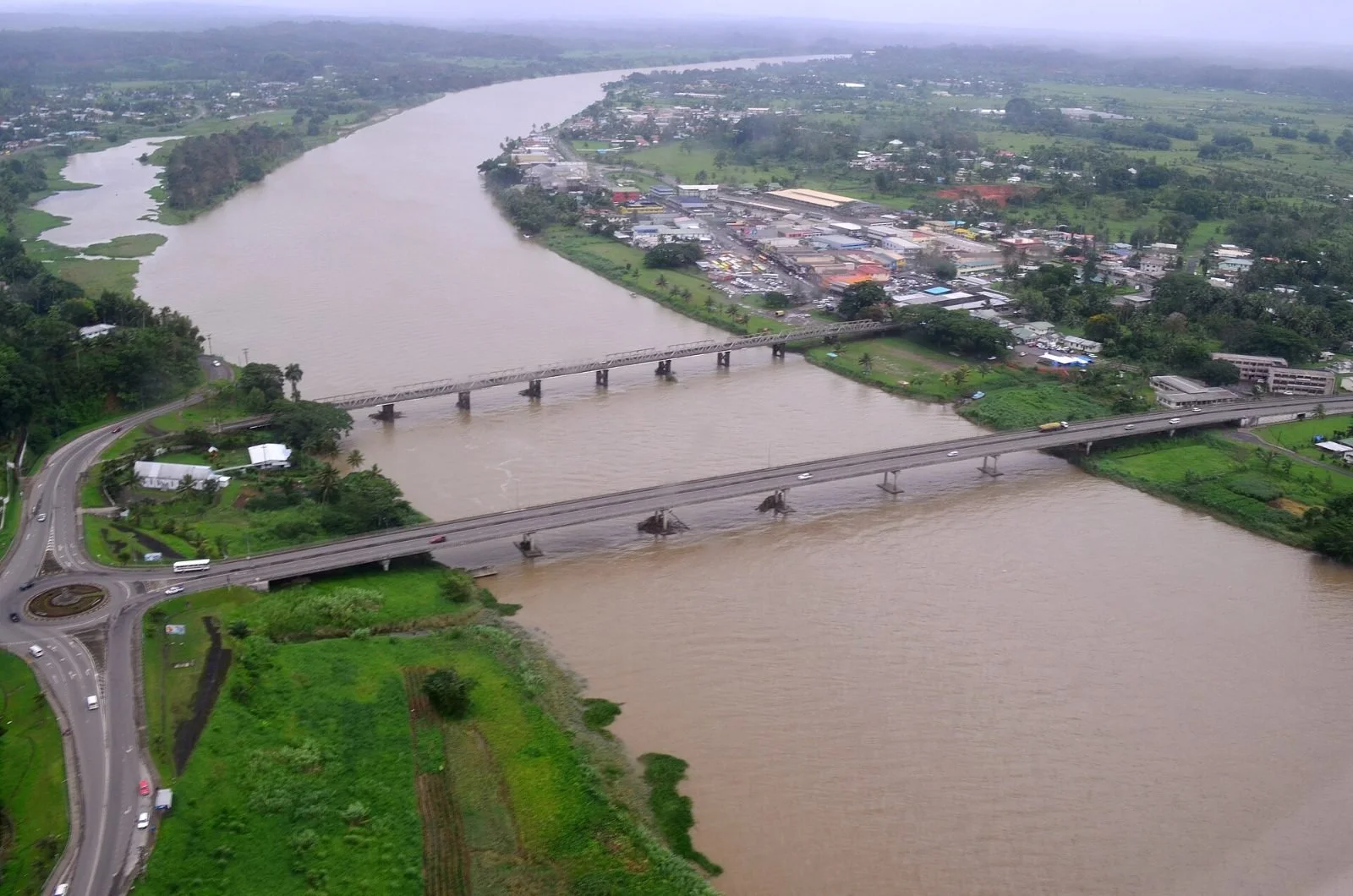 Aerial view of the Rewa River and bridges at Nausori, Fiji