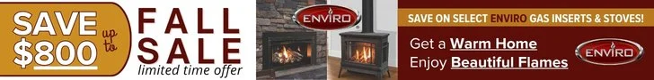 Advertisement for Enviro fall sale offering up to $800 savings on gas inserts and stoves, emphasizing warmth and beautiful flames.