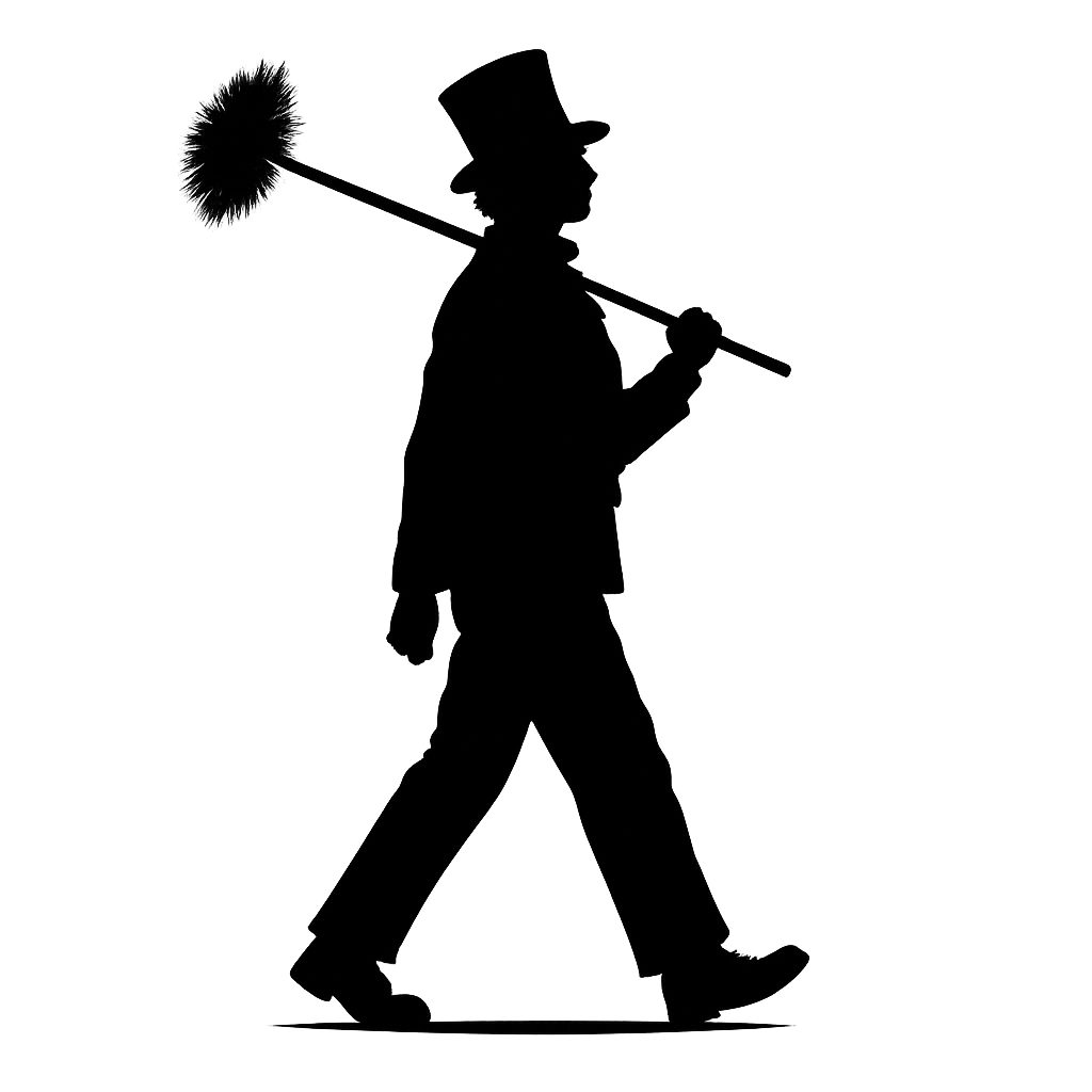 Silhouette of a person in a suit and tie, wearing a bowler hat, holding a feather duster, with a confident posture.