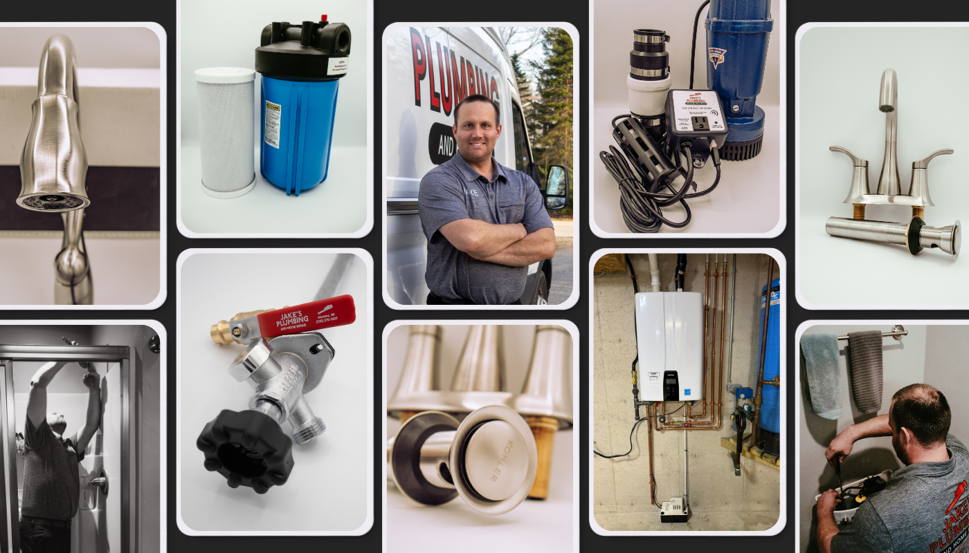 Collage of plumbing tools and equipment, including faucets, filters, pipes, shut-off valves, a water heater, and a plumber with a van, indicating plumbing work.