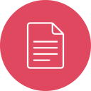 Icon of a document with writing on it, against a pink circular background.