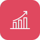 A pink icon with a white upward-trending bar graph to represent growth or increase